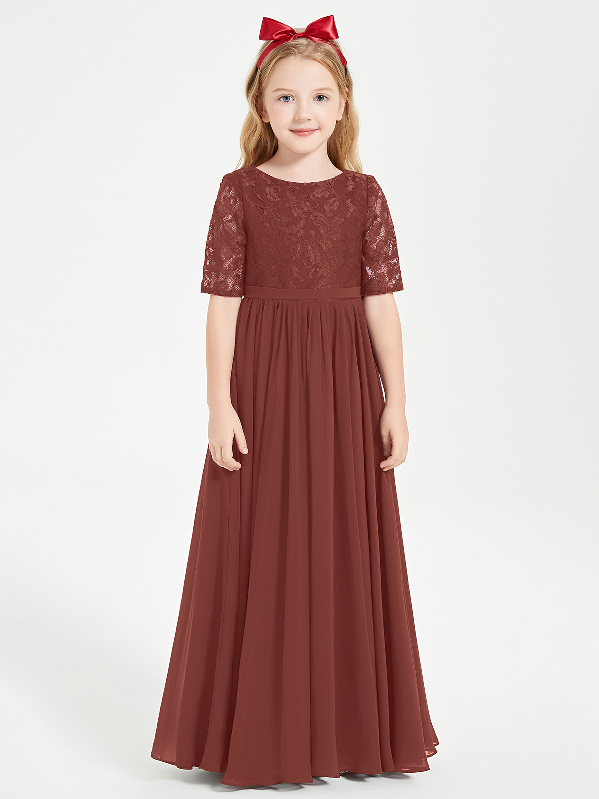 Lace Top Half Sleeved Junior Bridesmaids Dresses Terracotta